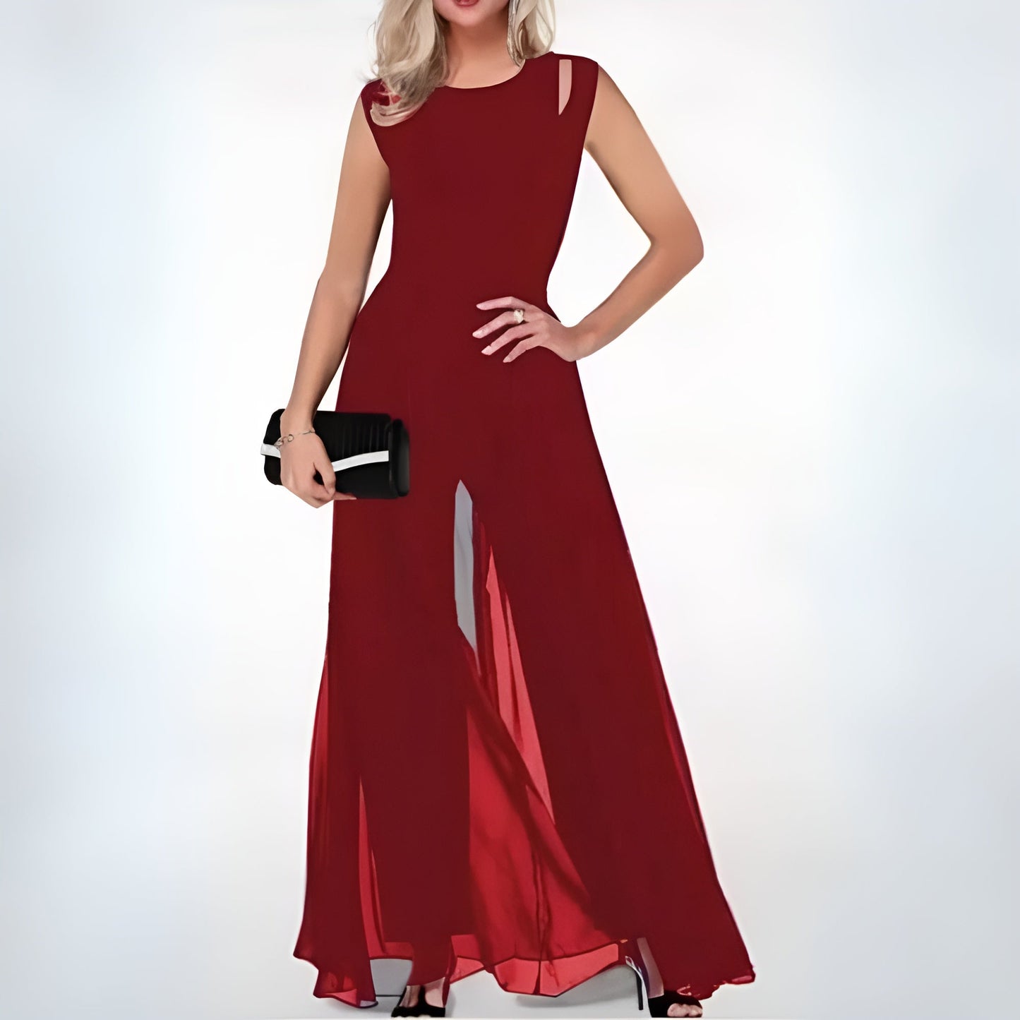 Women's Evening Gown - Sleeveless Cut-Out Shoulder - Floor-Length Flowing Design