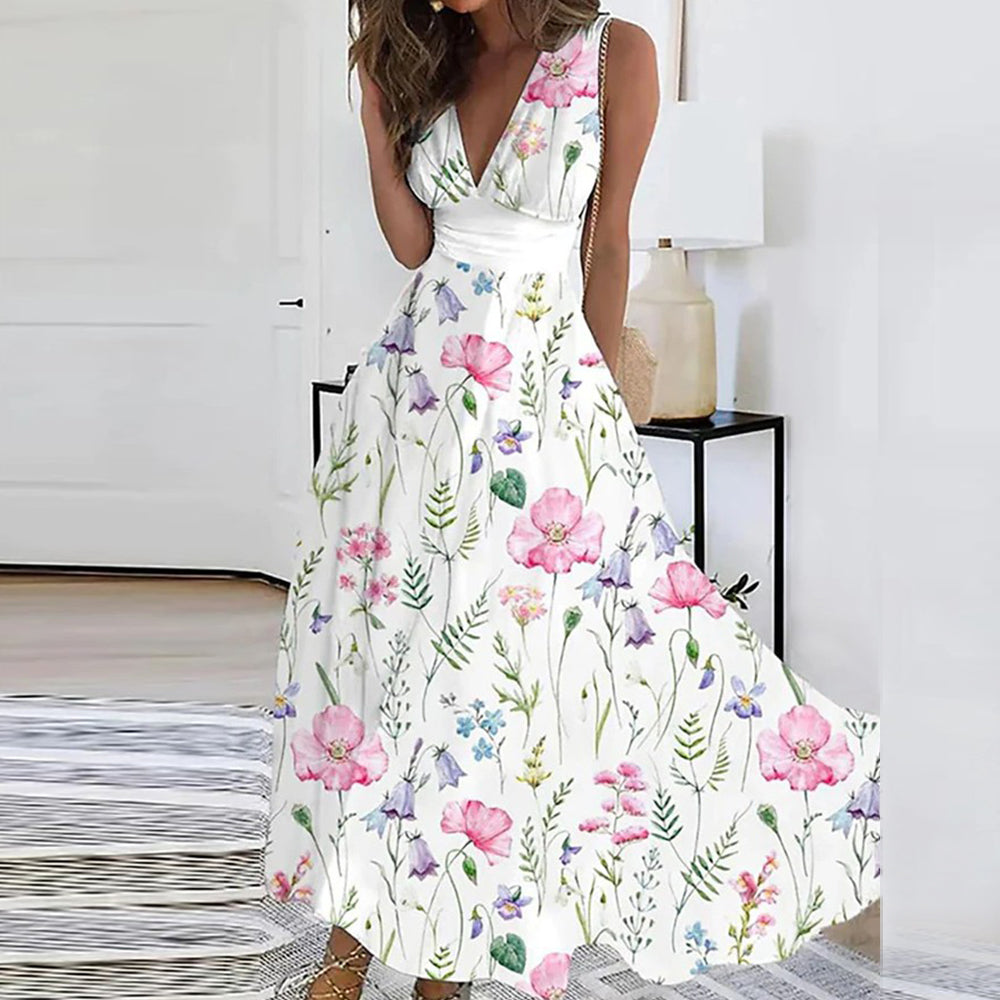 Women's Maxi Dress - Sleeveless Deep V-Neck - Floral Print - Flowy Lightweight Fit