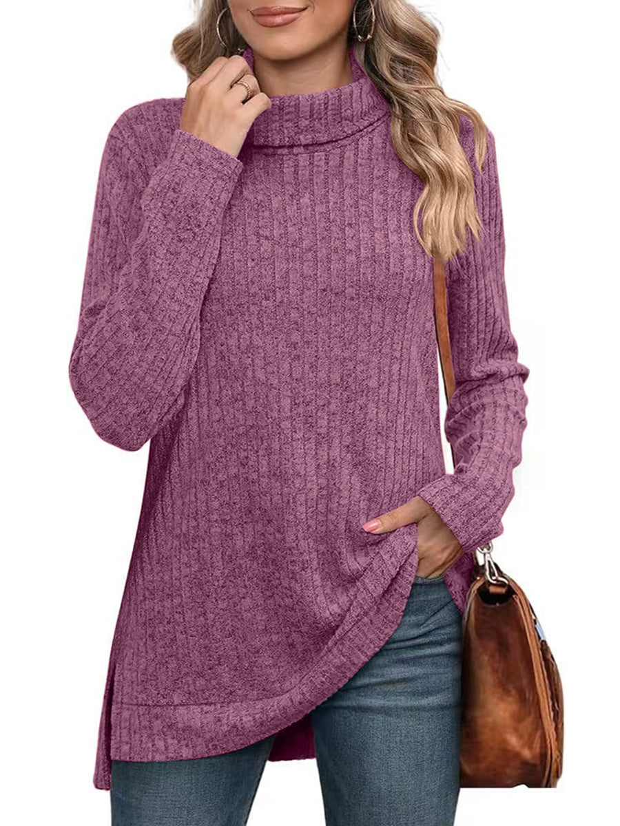 Women’s Turtleneck Sweater – Ribbed Knit – Relaxed Fit – Long Sleeve – Asymmetrical Hem