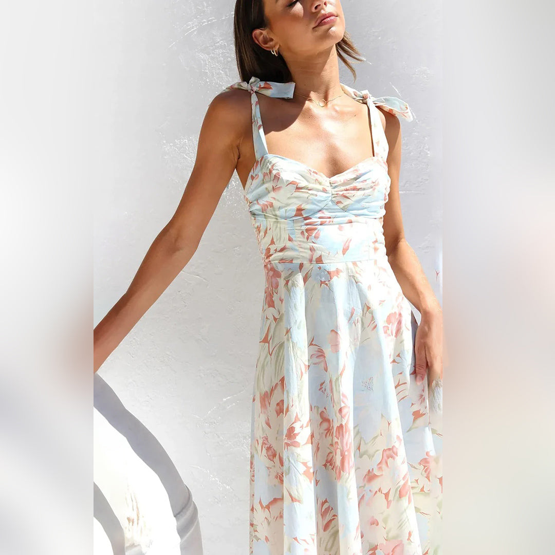 Floral Print Flowy Tie-Up Midi Dress
