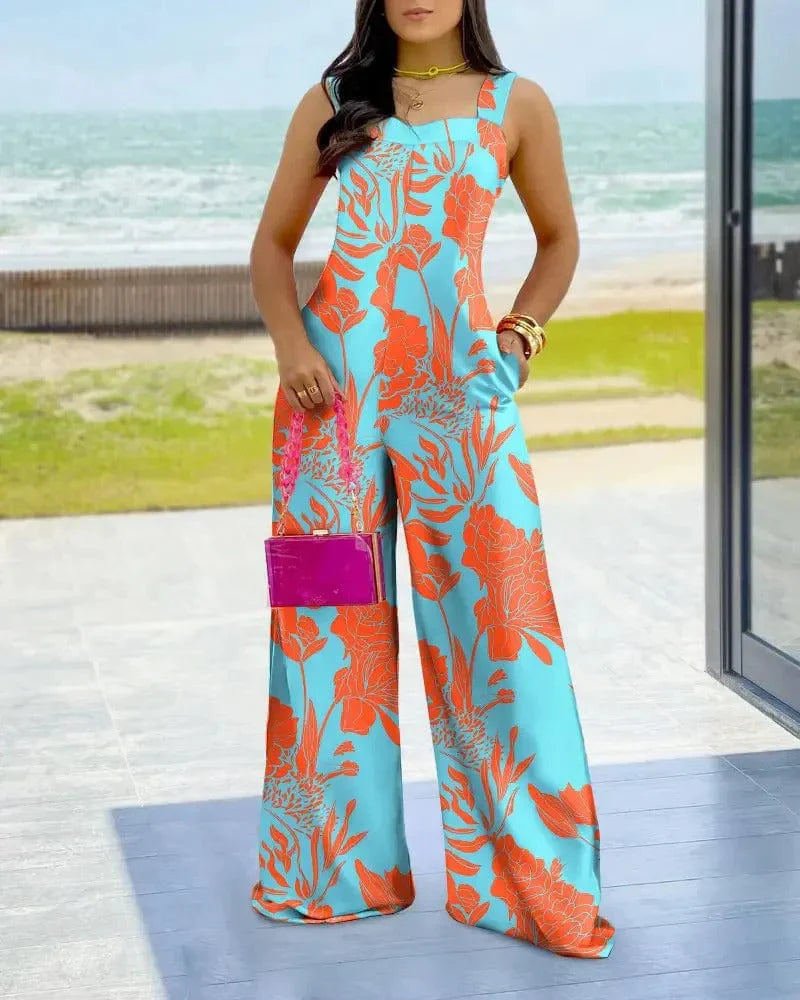 Women’s Jumpsuit – Geometric Print – Wide Leg – Sleeveless Square Neck – Flowy Fit