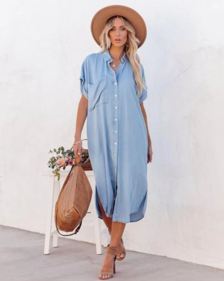 Short-Sleeve Denim Shirt Dress