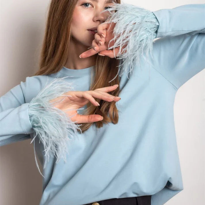 Women's Blouse - Long Sleeve - Feather Embellished Cuffs - Elegant Statement Piece