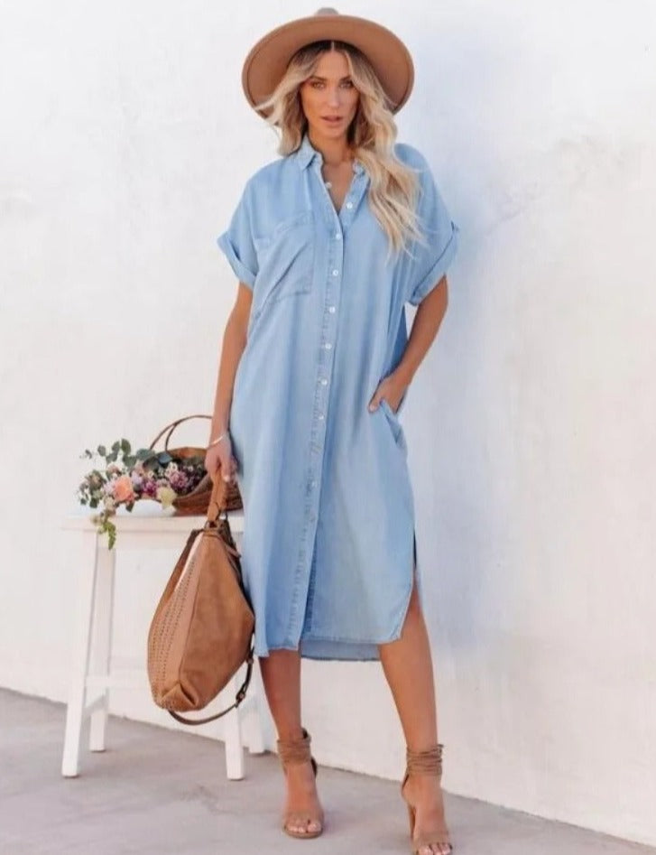 Short-Sleeve Denim Shirt Dress