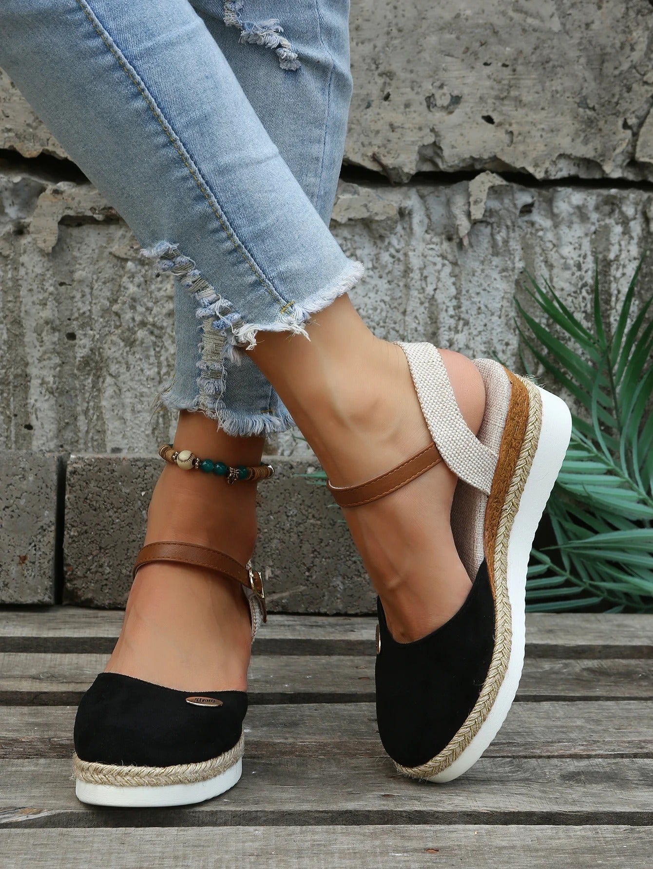 Women's Wedge Sandals - Closed Toe - Ankle Strap with Buckle - Espadrille Style