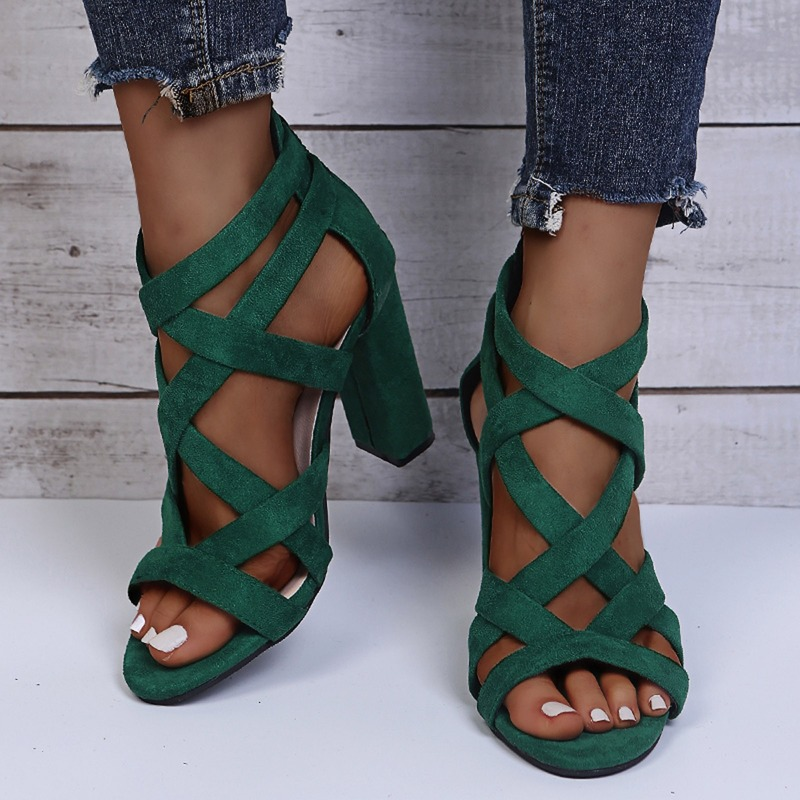 Suede Crisscross Block Heel Sandals