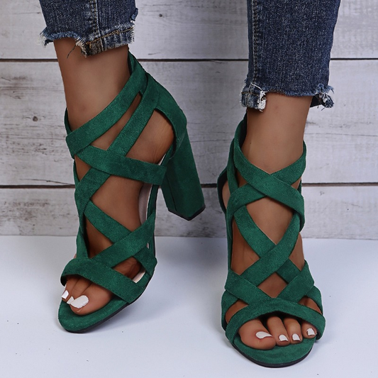 Suede Crisscross Block Heel Sandals