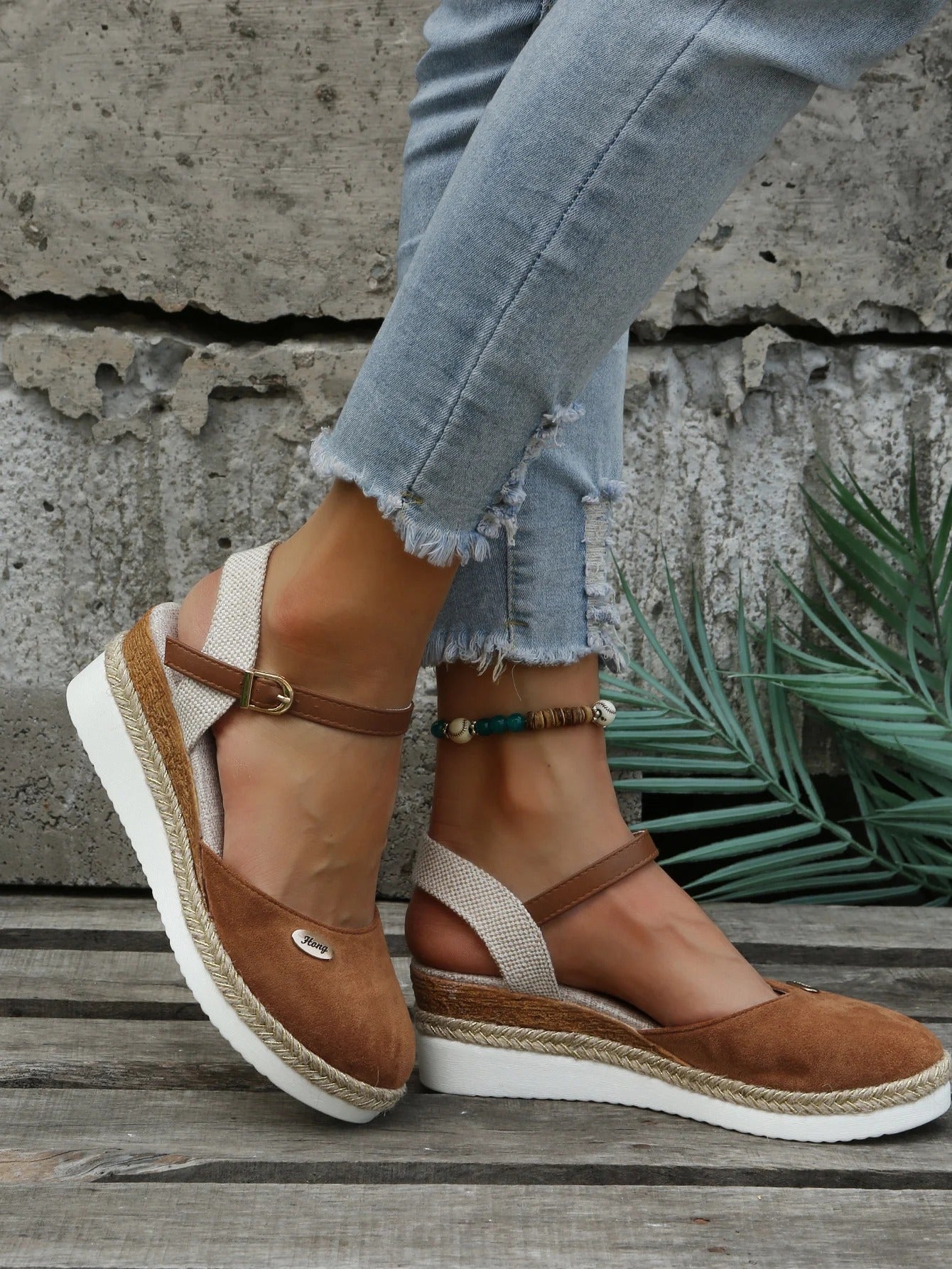 Women's Wedge Sandals - Closed Toe - Ankle Strap with Buckle - Espadrille Style