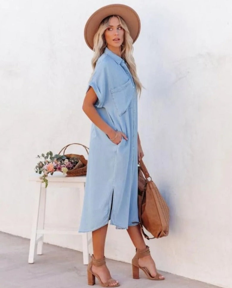 Short-Sleeve Denim Shirt Dress