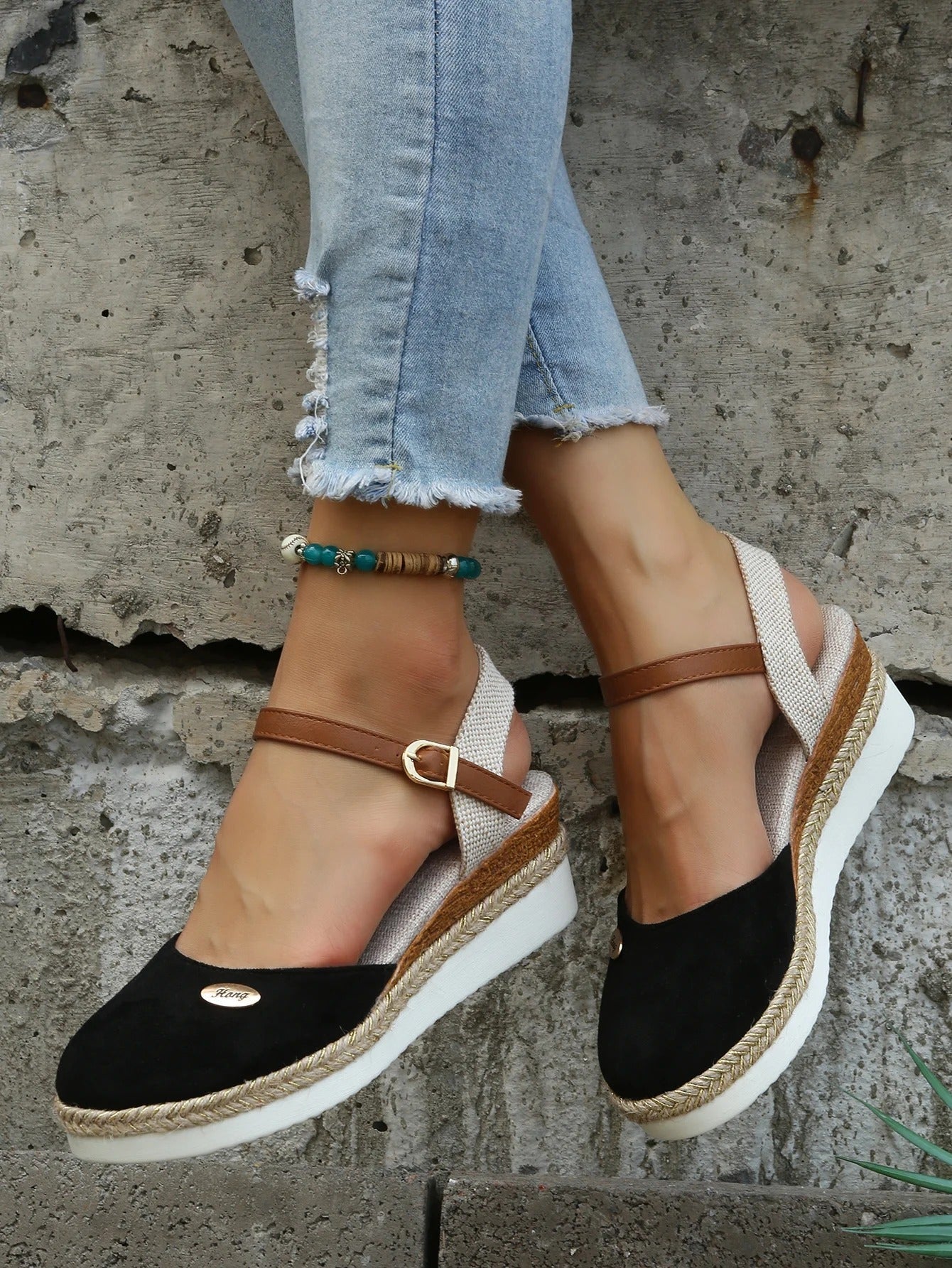 Women's Wedge Sandals - Closed Toe - Ankle Strap with Buckle - Espadrille Style
