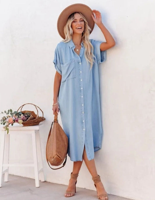 Short-Sleeve Denim Shirt Dress
