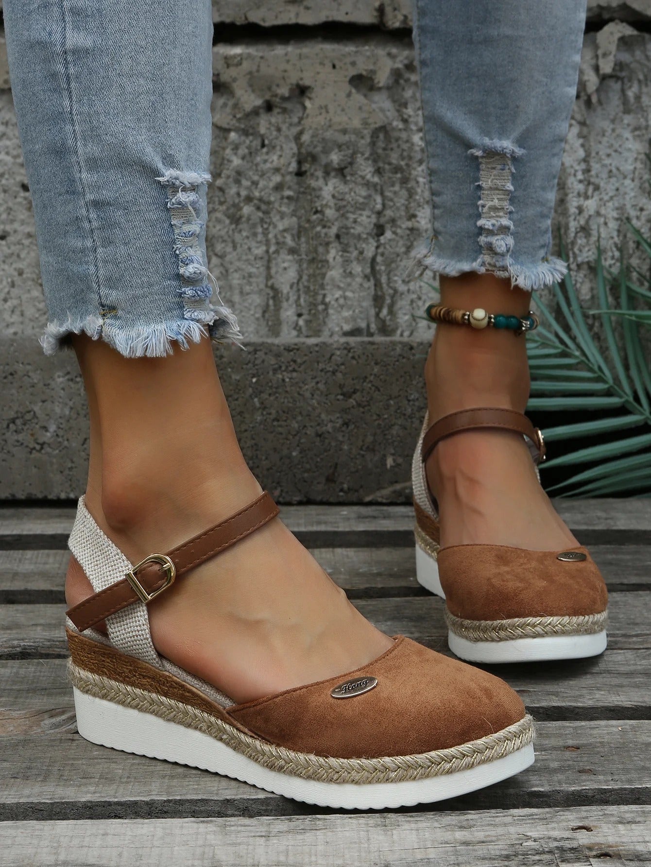Women's Wedge Sandals - Closed Toe - Ankle Strap with Buckle - Espadrille Style