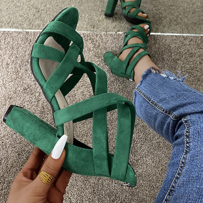 Suede Crisscross Block Heel Sandals
