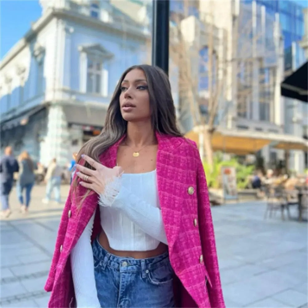 Women's casual plaid double-breasted slim fit blazer