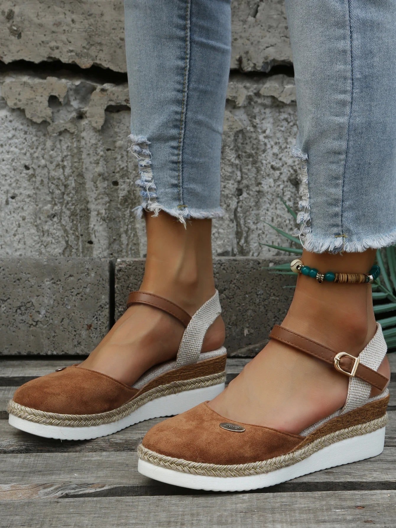 Women's Wedge Sandals - Closed Toe - Ankle Strap with Buckle - Espadrille Style
