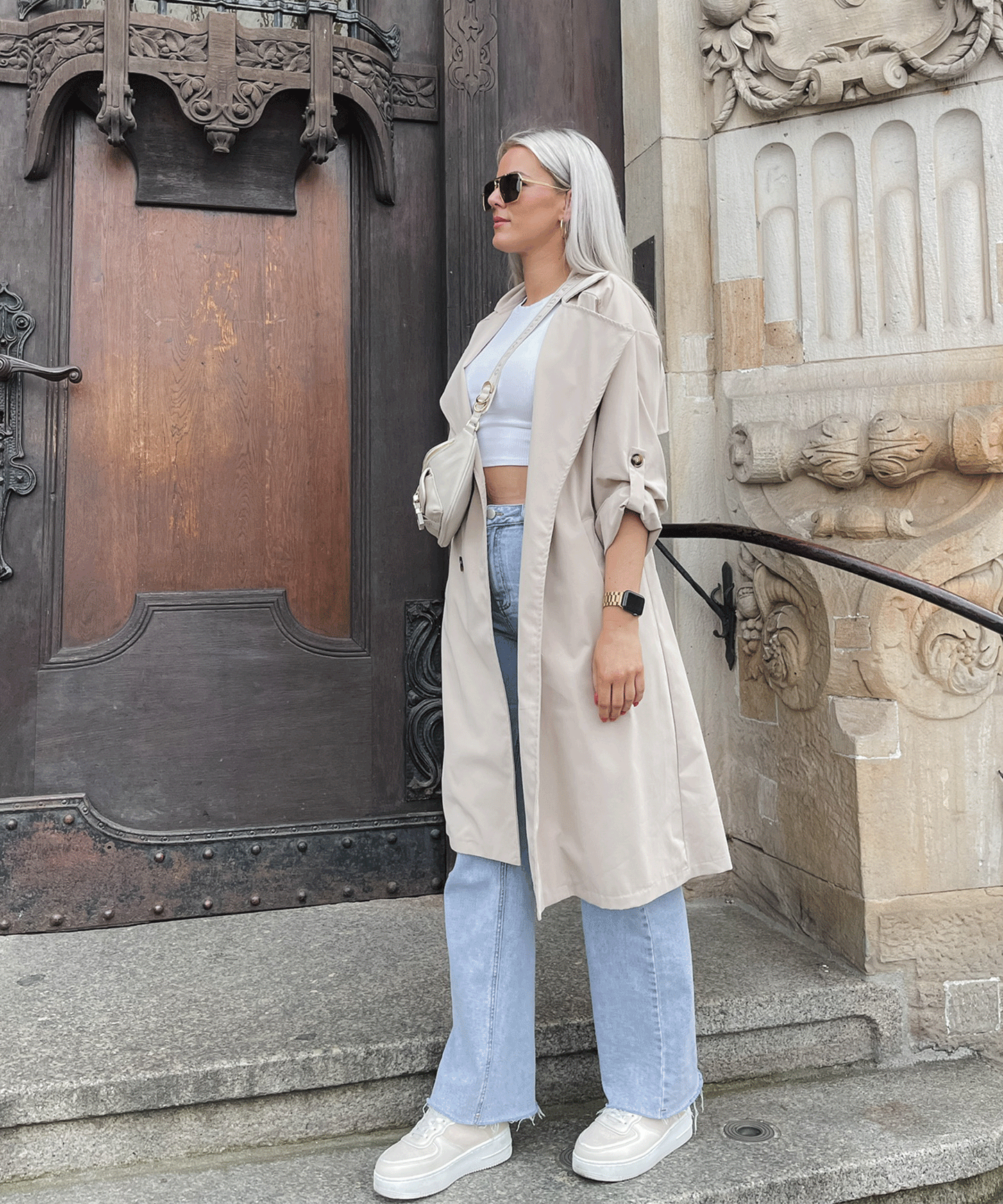 Women's casual belted lapel windbreaker jacket