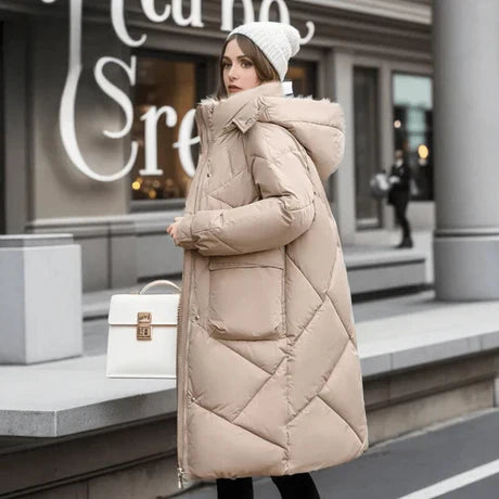 Women’s Quilted Coat – Oversized Fit – Padded Mid-Length – Hooded High Collar – Adjustable Cuffs