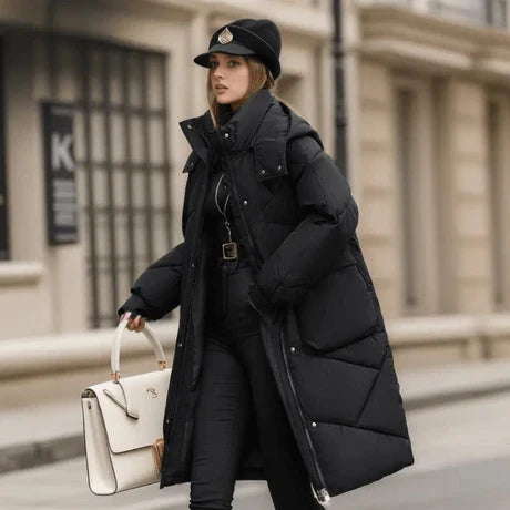 Women’s Quilted Coat – Oversized Fit – Padded Mid-Length – Hooded High Collar – Adjustable Cuffs