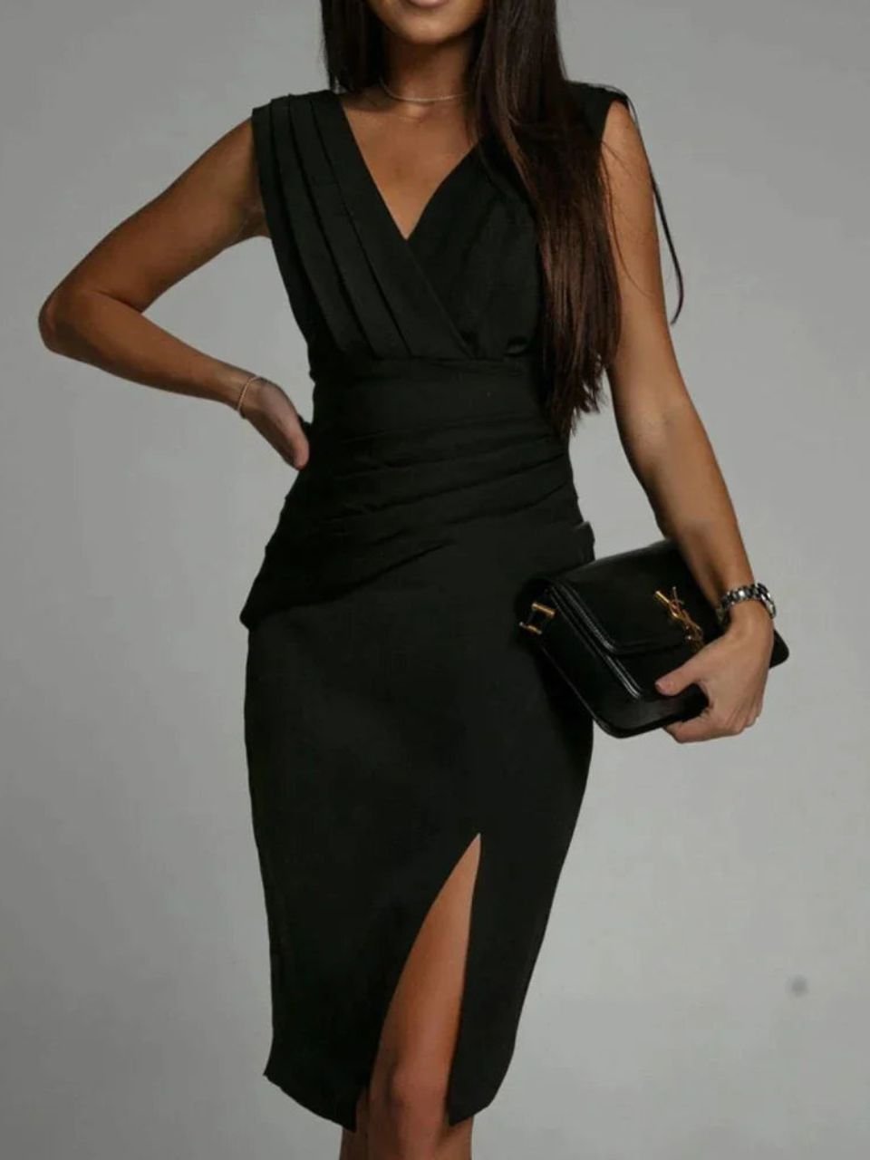Pleated Wrap Waist Sheath Dress