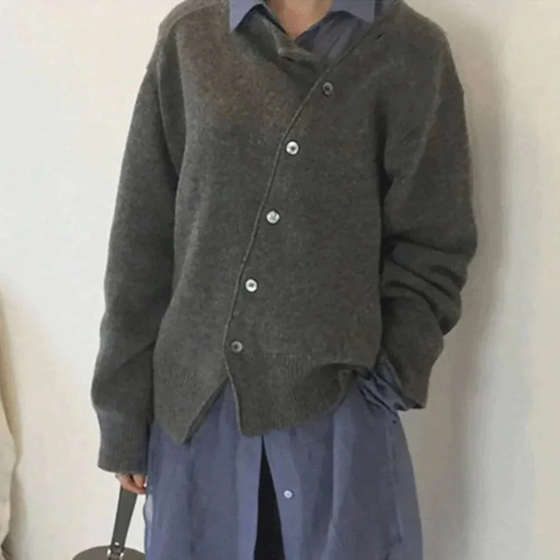 Women's round neck diagonal button lazy style cardigan