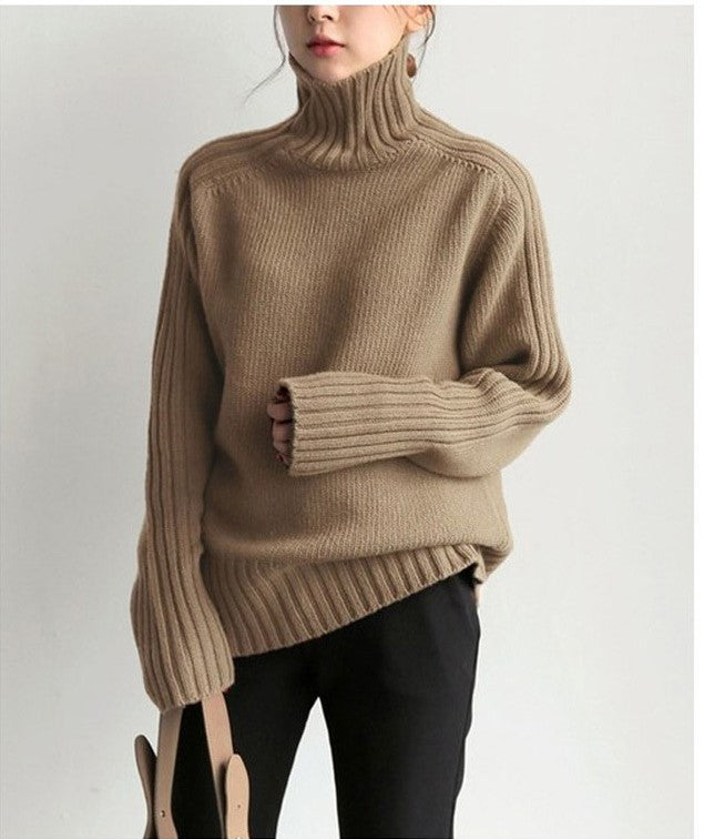 Solid high neck knit sweater for women