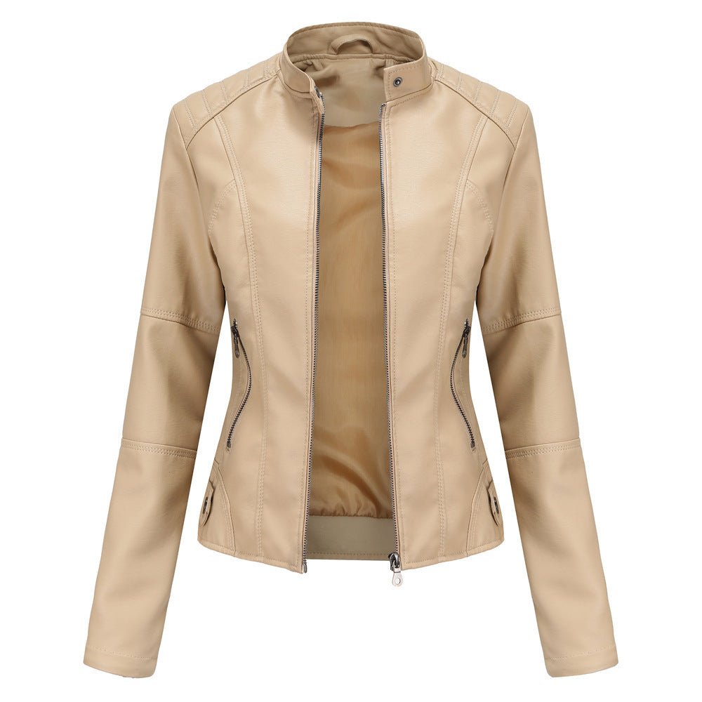 Women’s Leather Jacket – Tailored Fit – Stand Collar – Zippered Pockets – Long Sleeve