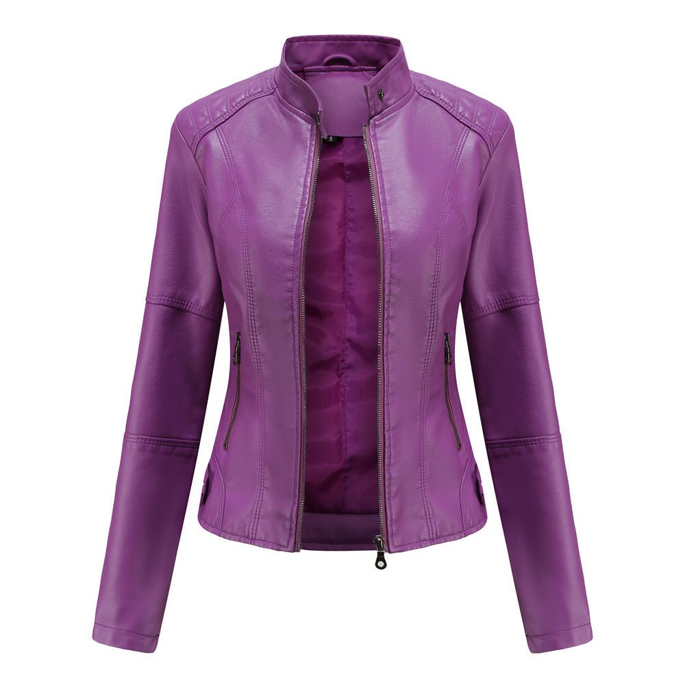 Women’s Leather Jacket – Tailored Fit – Stand Collar – Zippered Pockets – Long Sleeve