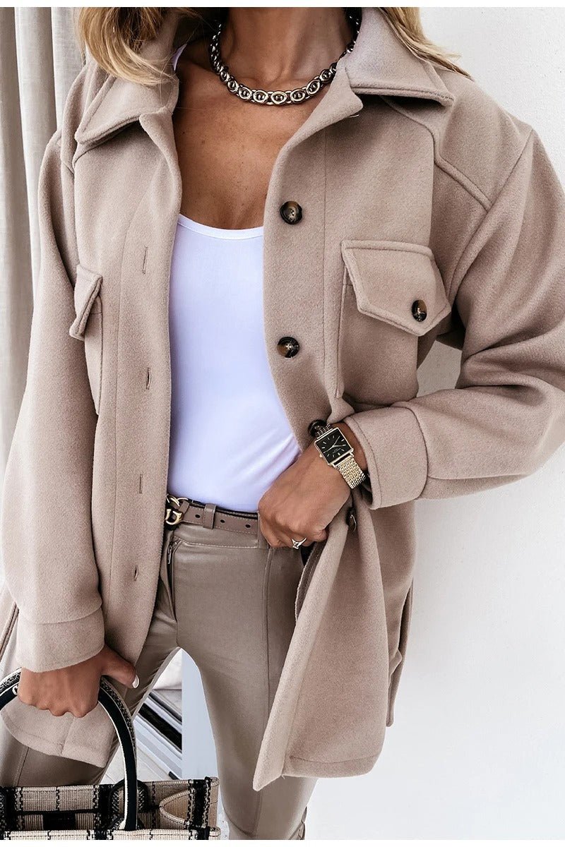 Women’s Pea Coat – Wool Blend – Oversized Fit – Hip Length – Button Front – Flap Pockets