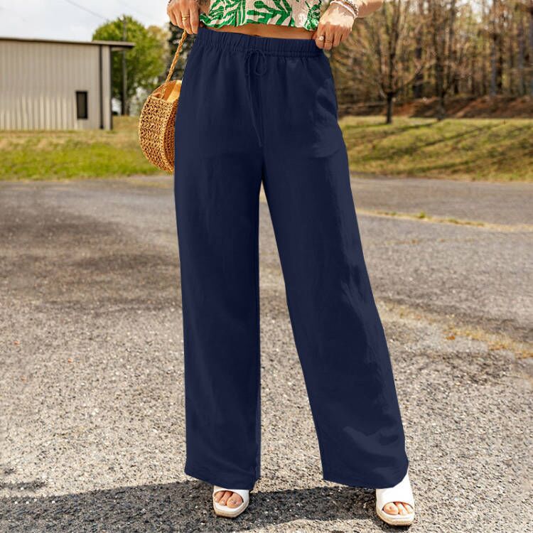 Cotton Linen Blend Relaxed Fit Wide-Leg Pants