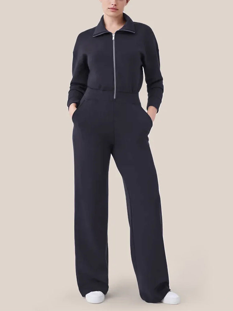 Women's long sleeve wide leg zip-up sweater jumpsuit