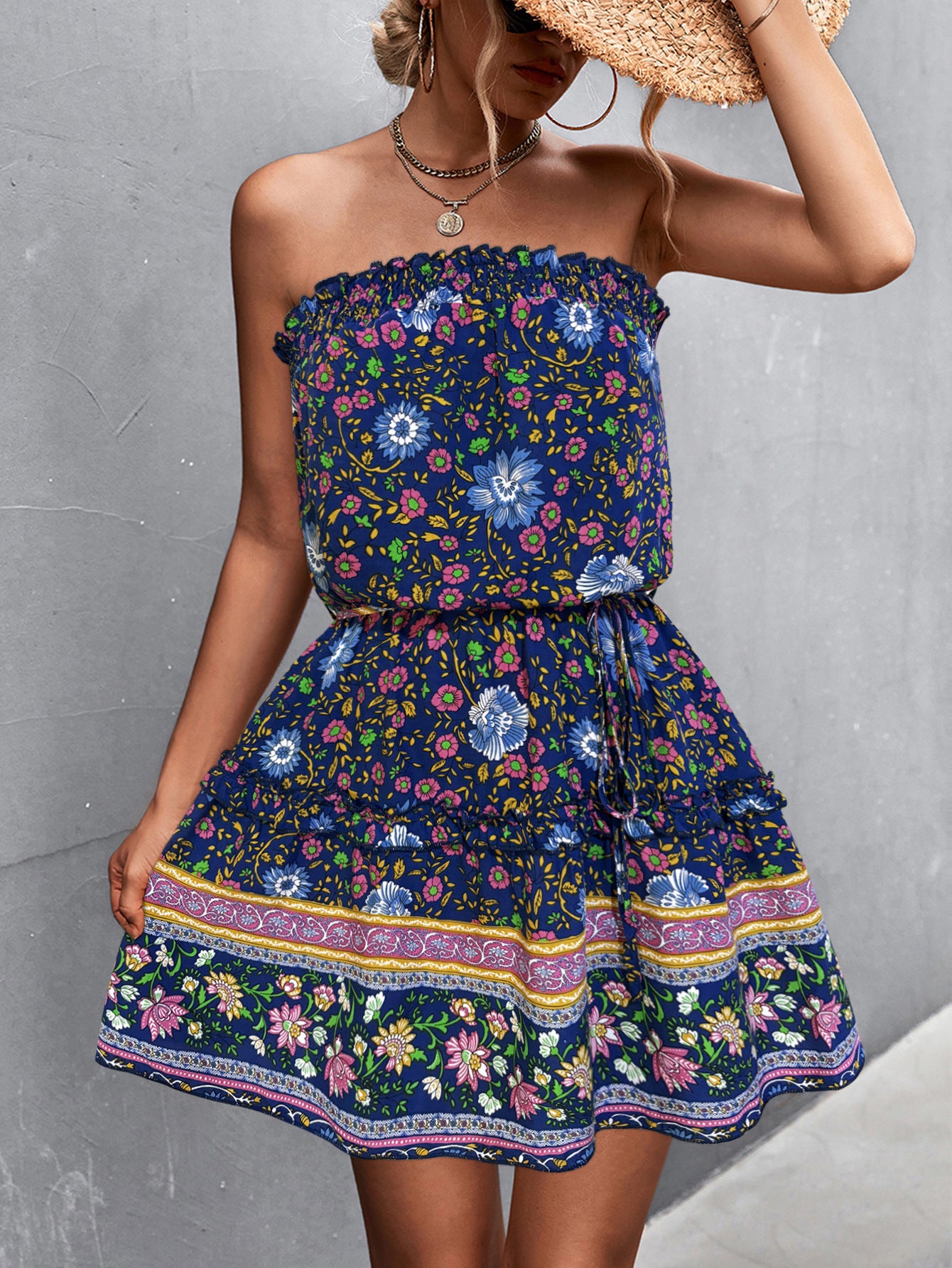 Women's Strapless Sundress - Floral Print - Cinched Waist - Flowy Casual Dress