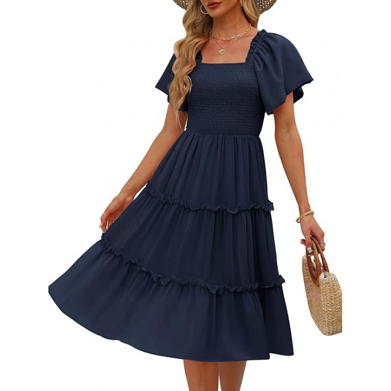 Women's Midi Dress - Square Neck - Smocked Bodice - Tiered Flowy Short Sleeve