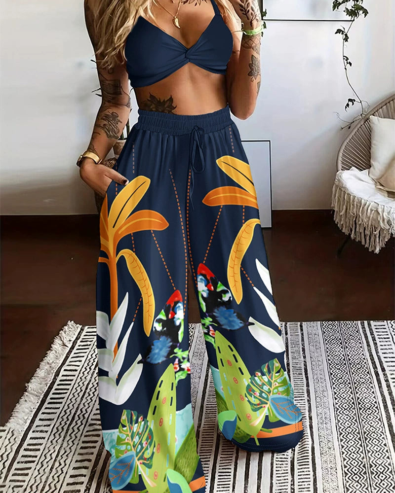 Women's Two-Piece Set – Bralette Crop Top & High-Waisted Wide-Leg Pants – Boho Chic