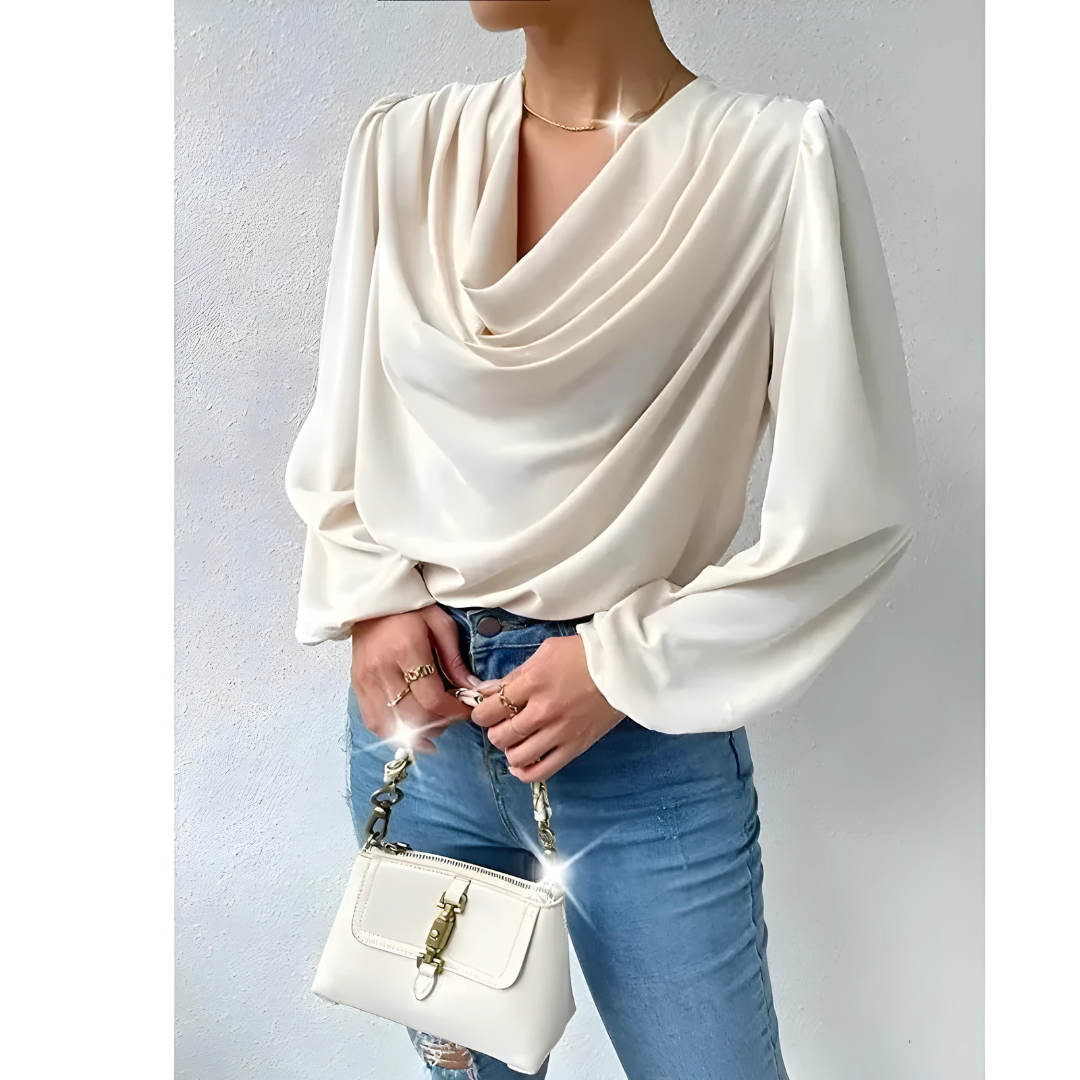 Women's Blouse - Draped Cowl Neck - Long Puff Sleeve - Smooth Flowing Relaxed Fit