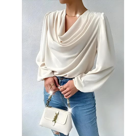 Draped Cowl Neck Flowing Relaxed Fit Blouse