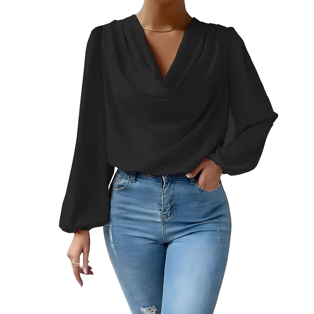 Women's Blouse - Draped Cowl Neck - Long Puff Sleeve - Smooth Flowing Relaxed Fit