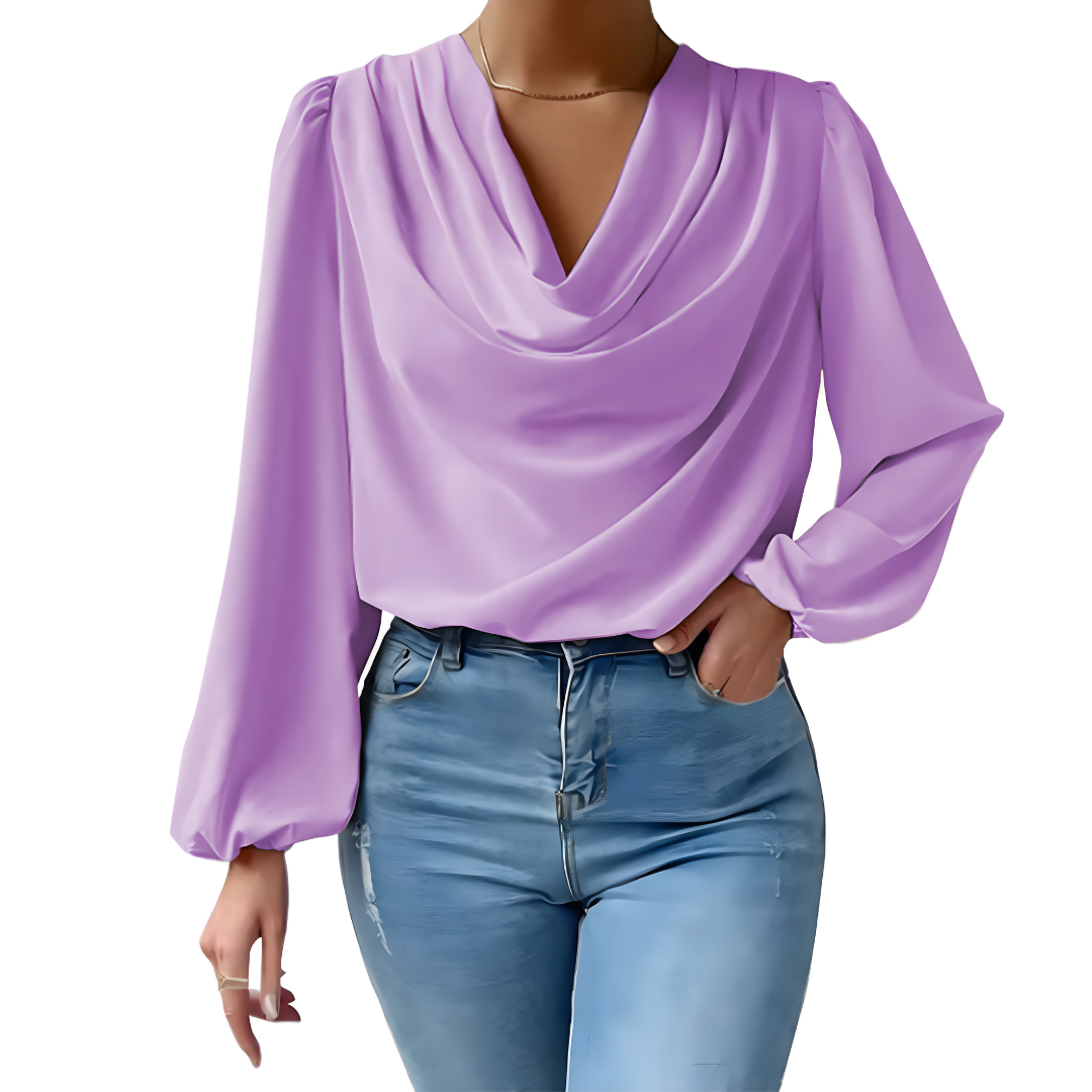 Women's Blouse - Draped Cowl Neck - Long Puff Sleeve - Smooth Flowing Relaxed Fit