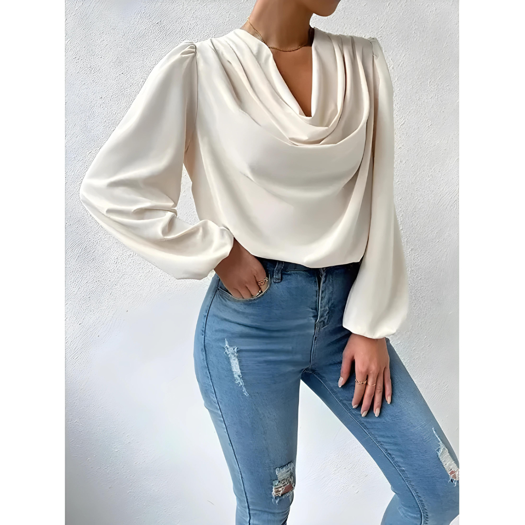 Women's Blouse - Draped Cowl Neck - Long Puff Sleeve - Smooth Flowing Relaxed Fit