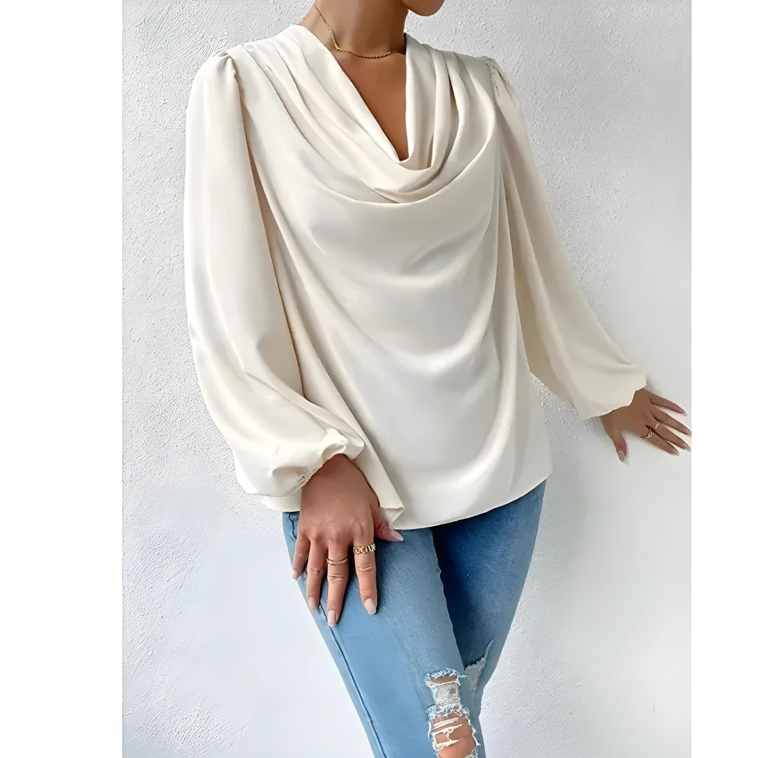 Women's Blouse - Draped Cowl Neck - Long Puff Sleeve - Smooth Flowing Relaxed Fit