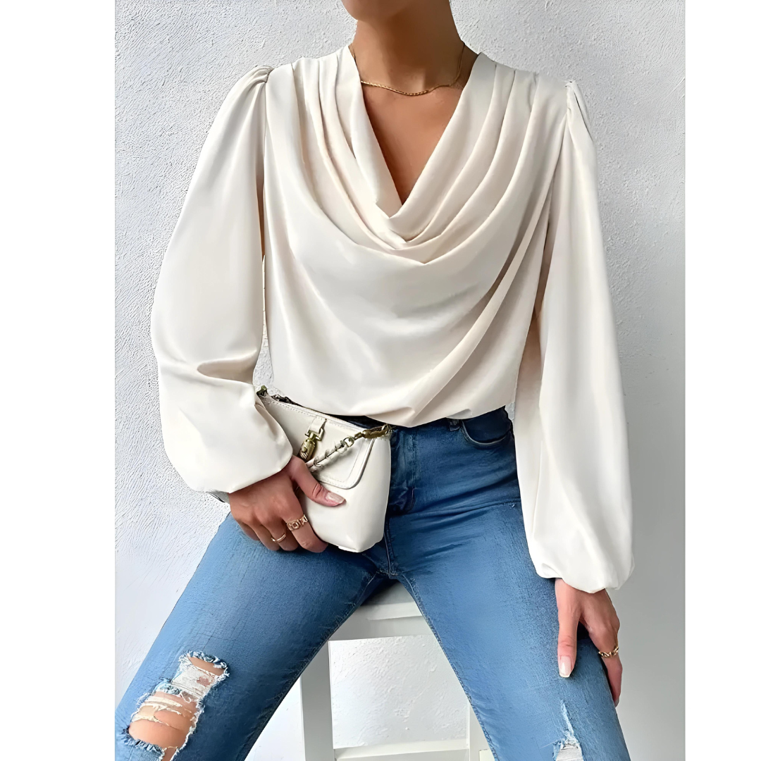 Women's Blouse - Draped Cowl Neck - Long Puff Sleeve - Smooth Flowing Relaxed Fit