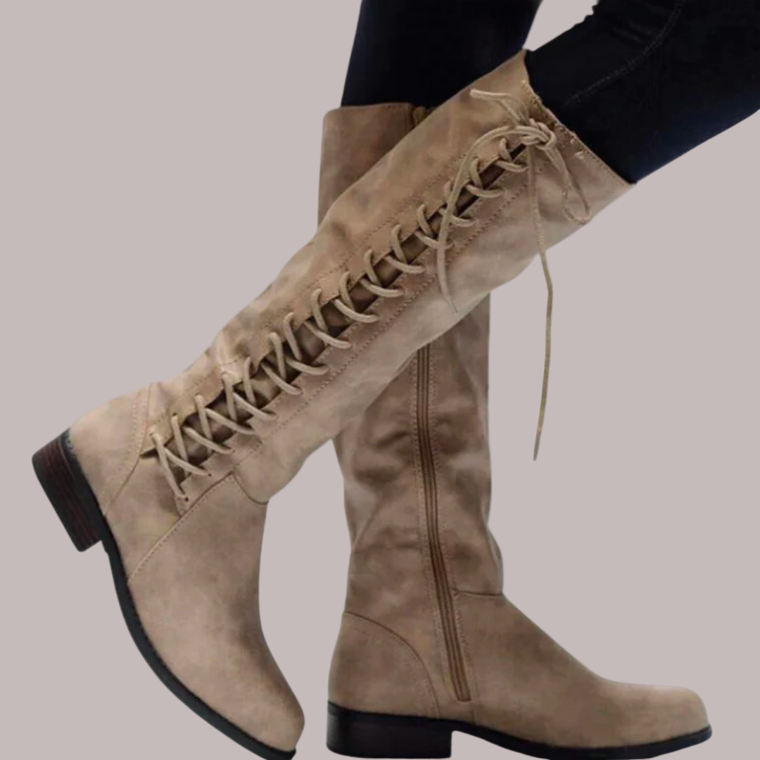 Women’s Boots - Faux Leather - Knee-High Shaft - Decorative Lace-Up - Low Block Heel