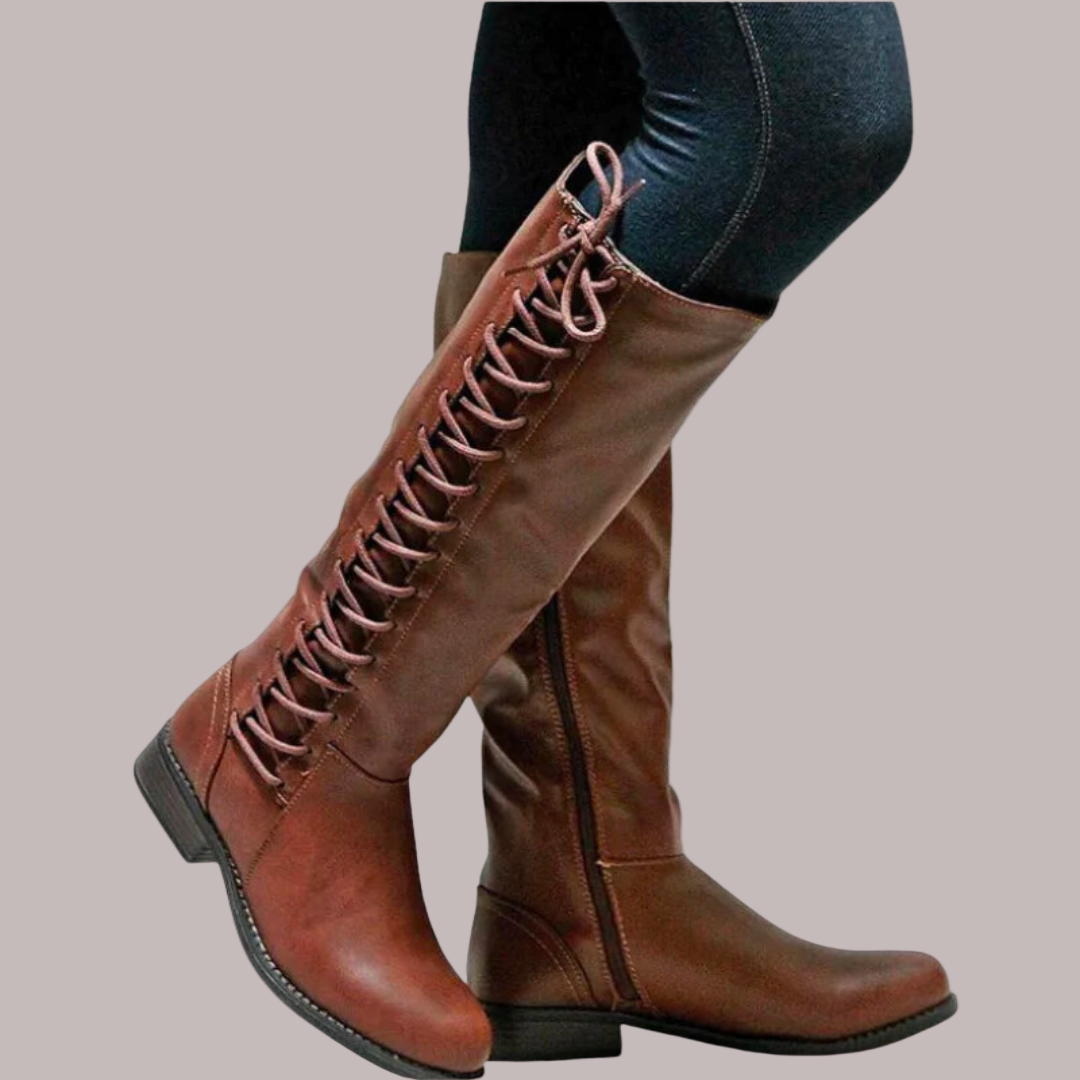 Women’s Boots - Faux Leather - Knee-High Shaft - Decorative Lace-Up - Low Block Heel