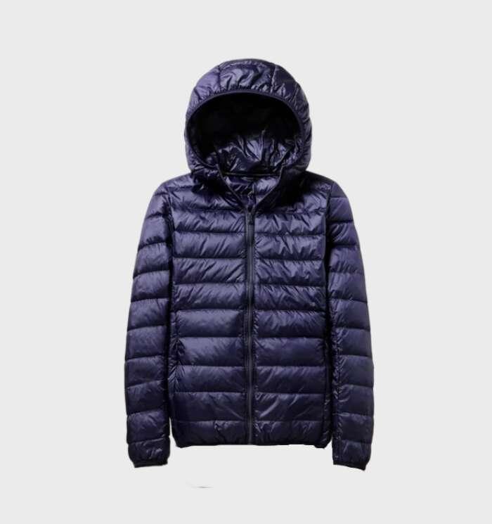 Elegant warm down jacket with hood for women