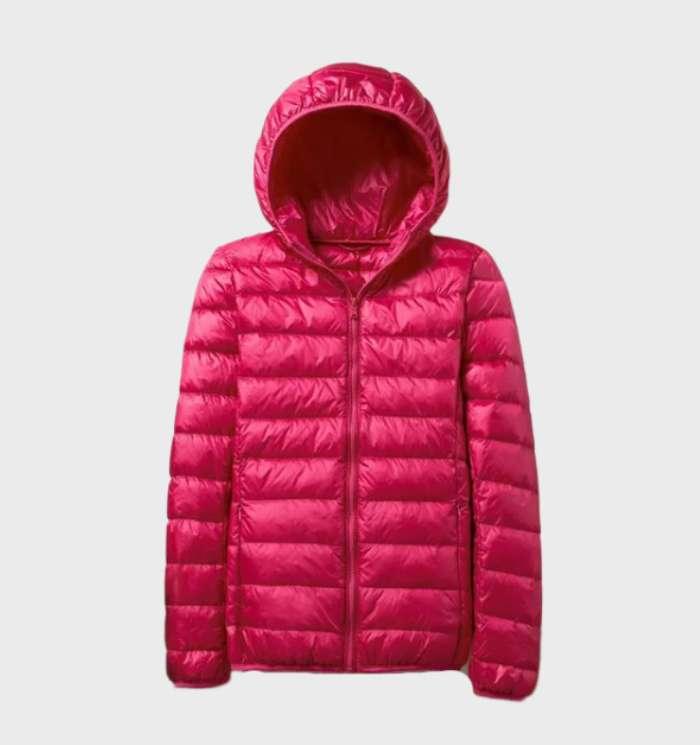 Elegant warm down jacket with hood for women