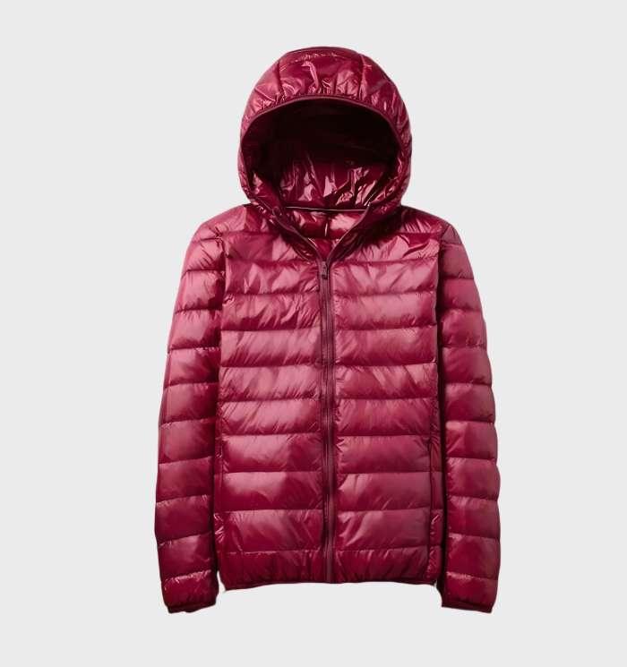 Elegant warm down jacket with hood for women