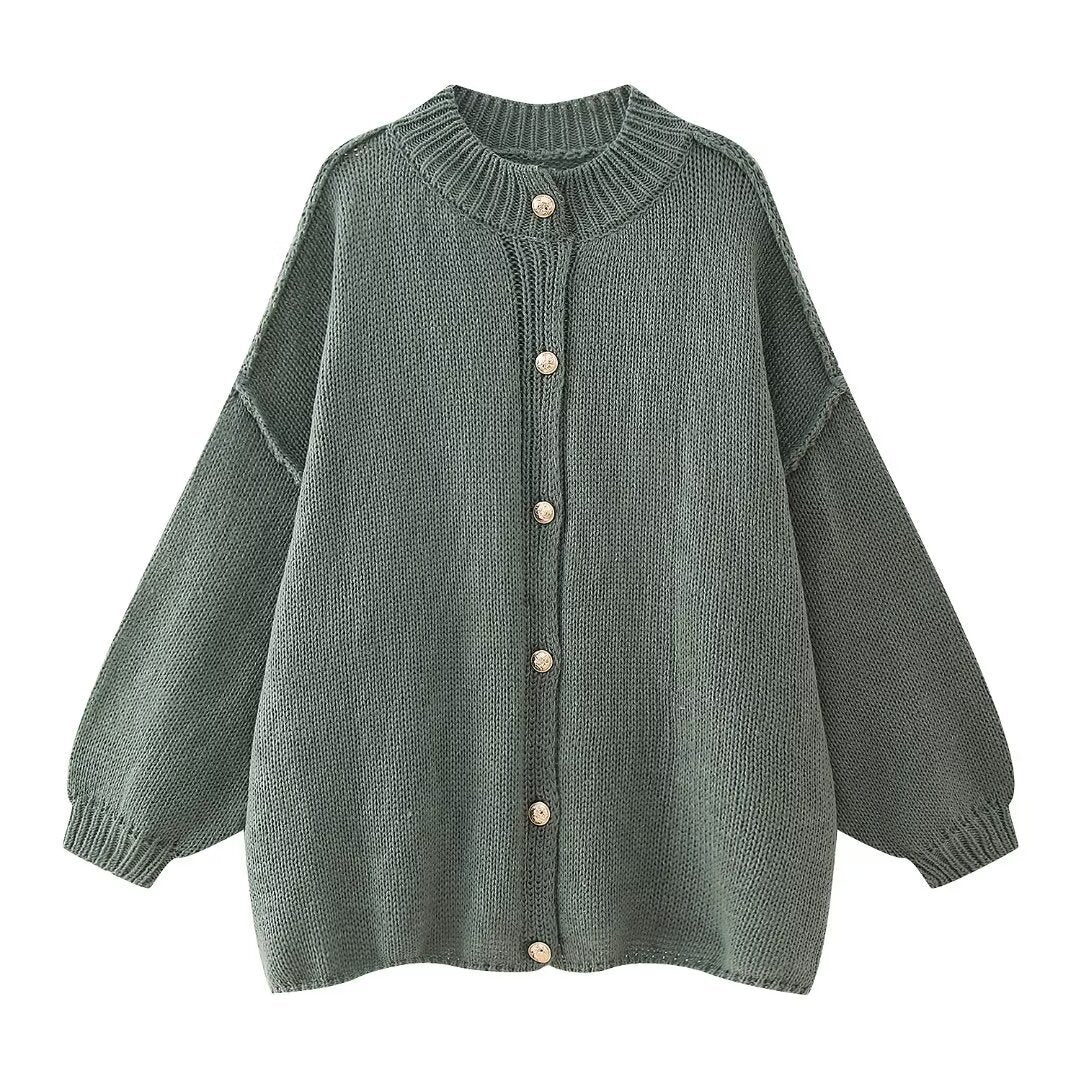 Women’s Knit Cardigan - Oversized Fit - Button-Up - Ribbed Crew Neck - Long Sleeve