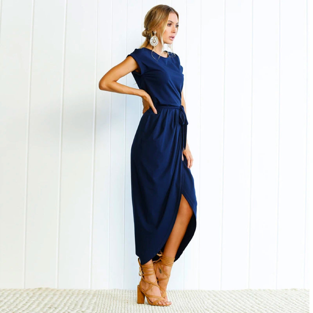 Women's Maxi Dress - Flowy Lightweight Fabric - Short Sleeve with Waist Tie - High Slit Elegant Design