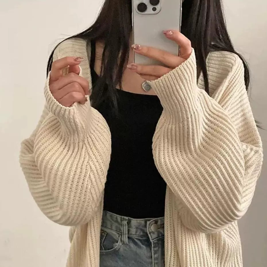 Oversized open-front ribbed cardigan for women