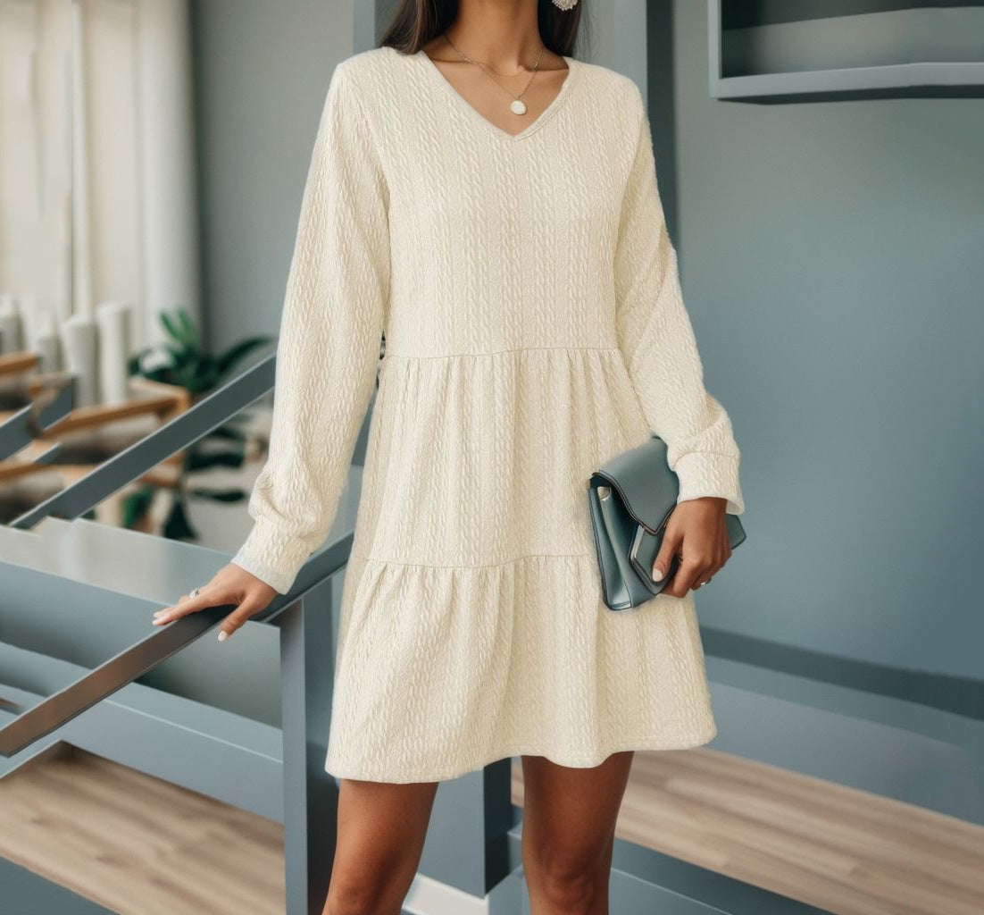 Women's Mini Dress - Long Sleeve Tiered Flowy Fit - V-Neck Casual Wear