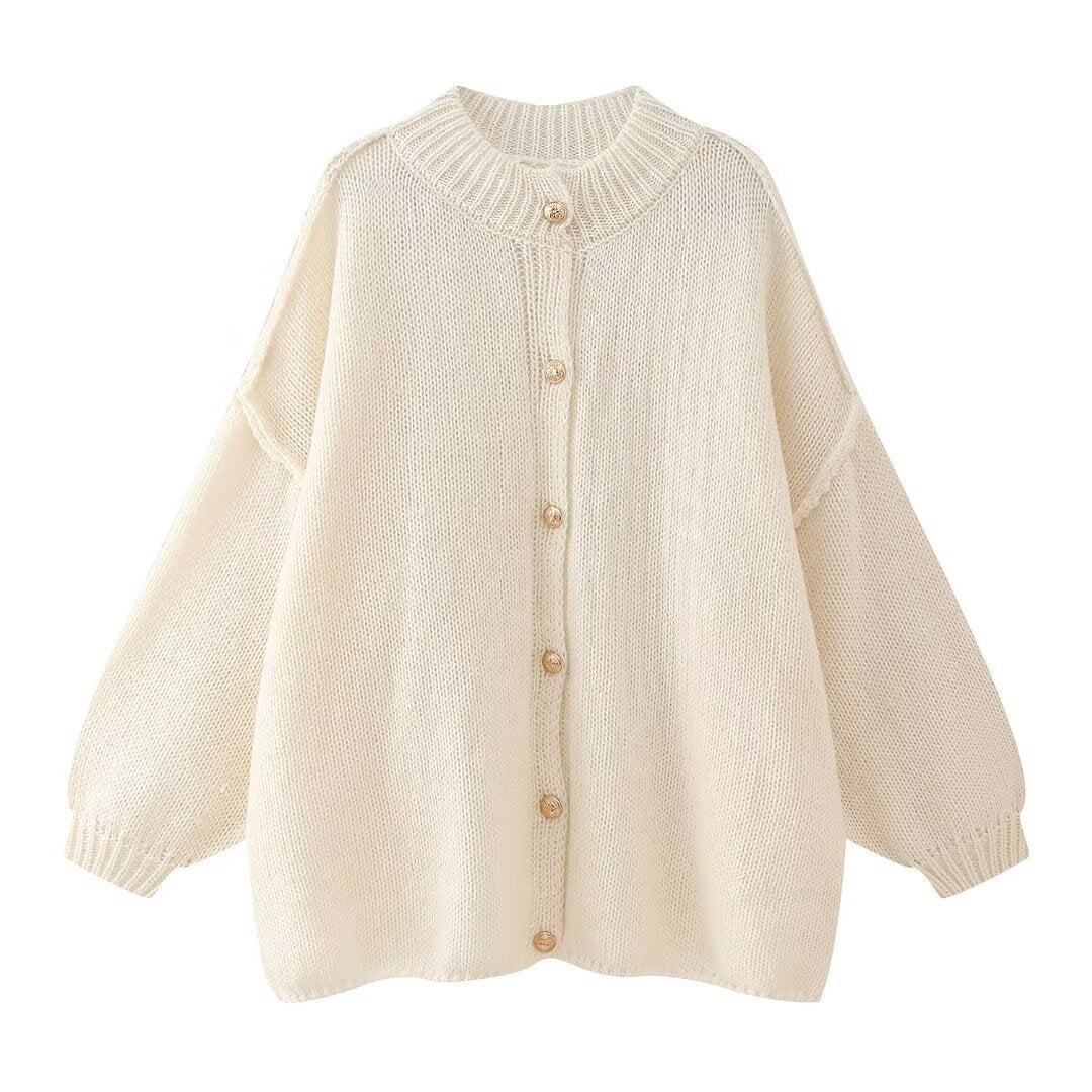 Women’s Knit Cardigan - Oversized Fit - Button-Up - Ribbed Crew Neck - Long Sleeve